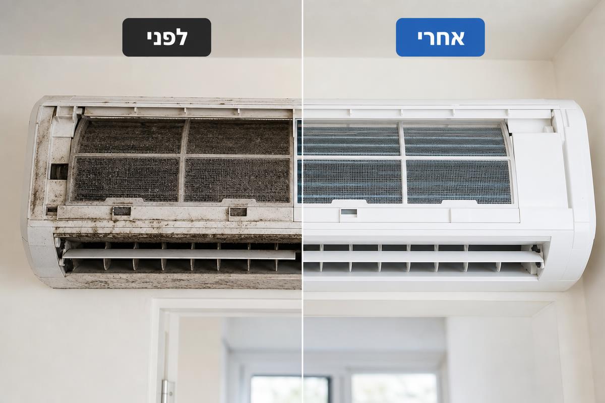 השוואת מזגן לפני ואחרי ניקוי מקצועי